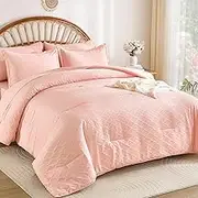 Yiran Pink Comforter Set Queen Size, Jacquard Tufted 7 Piece Bed in a Bag, Girls Women Spring Summer Soft Microfiber Complete Bedding Set with Sheets for All Season