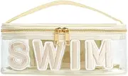 RSRSLEII Clear Waterproof Summer SPF SWIM Makeup Bag，Aesthetic Transparent Letter Patch Cosmetic Bag with Metal Zipper, Sunscreen Accessories Storage Organization, Beach Travel Purse, 05SWIM Beige
