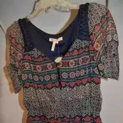 LOVELY PRINT DESIGN NWT BCBG BLUE FLOWY WOMENS CHIFFON RUCHED TOP SHIRT BLOUSE M