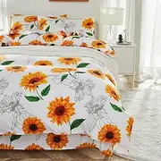 [Brandream] Duvet Cover Full/Queen Size 3pcs Boho Sunflower Farmhouse Floral Girl Bedding Duvet Cover Set Super Soft Breathable with Zipper Closure & Corner Ties(Yellow White)