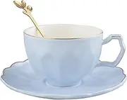[fanquare] 7oz Blue Coffee Cup with Spoon, Elegant Single Porcelain Tea Cup with Saucer, British Women Tea Cup for Wedding, Birthday Gift