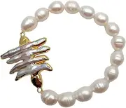 LAnGSHAW 9x11mm Natural White Rice Cultured Freshwater Pearl Baroque Pearl Elastic Bracelet
