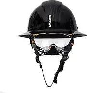 Saffas Carbon Fiber Full Brim Hard Hat Safety Helmet with Goggles and Leather Chin Strap 6-Point Suspension Adjustable Knob with Neck Protection