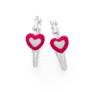 Silver Pink & White Enamel Heart On Hoops