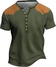 Mens Short Sleeve Henley Shirts Casual Raglan Colorblock Stylish T Shirts Button Up V Neck Slim Fit Summer T-Shirt