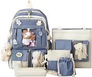[Generic] Cute Student Backpack Set of 5 Pieces, 17 Inch Beautiful Sports Bag, with Cute Backpack, Shoulder Bag, Pencil Case, Handbag, Small Bag Sky-Blue