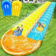 iGeeKid 30 Ft Extra Long Slip Water Slide with Sprinkler, Heavy Duty Lawn Water Slide for Kids Adults, Double Lane Water Slide with 2 Bodyboards