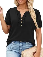 [VISLILY] Womens-Plus-Size-Summer-Tops Dressy Ruffle V Neck T Shirts Trendy Puff Short Sleeve Tunics Casual Buttons Up Blouses