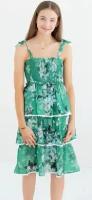 NWT Zimmermann Kids Everly Tiered Shirred Dress Green Watercolor Floral Sz 12