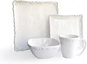 [American Atelier] Bianca Wave Square Dinnerware Set – 16-Piece Stoneware Dinner Party Collection w/ 4 Plates, Salad Bowls & Mugs Unique Gift Idea for Any Special Occasion, White, 10.75x10.75''