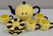 Flowers Inc Happy Smile Smiley Face Ceramic Tea Set Teapot Cups Saucers