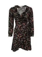 Black Floral Print Mini Wrap Dress