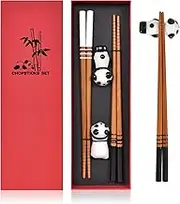 2 Pair Wooden Chopsticks Set with Holder, Bamboo Chopsticks Gift Set, Reusable with Case, Dishwasher-Safe, 22.5 cm
