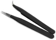 2pcs Elbow & Straight Black Nail Tweezers Rhinestone Picker Manicure Nail Art Tool Set-1
