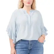 NEW Vince Camuto Plus Size Pintuck Flutter Sleeve Blue Top Blouse Womens Size 3X