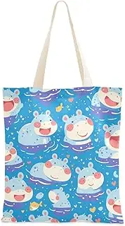 [Amooorous] Cute Cartoon Blue Hippo Tote Bag Canvas with handles Tote Bags Bulk Canvas Bag For Women for Travelling Bolsa de lona, Cute Cartoon Blue Hippo, 1 Size