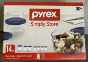 Pyrex Simple Storage Food Container Microwave Safe 14 Piece Round Glass Blue Lid