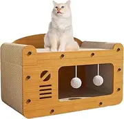 Cat Scratcher House with Hanging Ball Toy – Cardboard Cats Scratching Board & Cave Bed for Indoor Cats, Large Space Portable Cat Condo for Playing, Resting & Sleeping