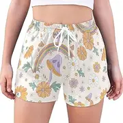 [GuoChe] Gym Shorts Rainbow Mushrooms Orange Purple Flowers Shorts High Waisted Running Shorts Quick Dry Women's Shorts for Gym
