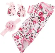 MOLUCKFU 3pcs Romper with Rose Pattern Bodysuits Flower Headband and Shoes Soft Cotton Jumpsuit Outfit for Year Old Dolls Fits