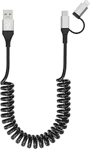 USB to USB-C and Lightning Cable 2 in 1 Coiled Cable Aple Carplay & Android Auto Compatible [MFi & 3A Fast Charge & Data Sync] Coiled Lightning and USB C Cable for iPhone 16/15/14/13/12/Android,Silver
