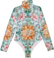 [voucong] Boho Style Flower Bright Spring Green long sleeve Cute Bodysuits for Women Going Out Shapewear Body Suit Cute Tops for Women Going Out High-Neck Medium size, Boho Style Flower Bright Spring