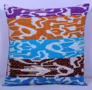 Handmade Ikat Patchwork Cushion Cover Indian Kantha Work Pillow Case Decor 16"