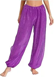 [TiaoBug] Women Shiny Belly Dance Pants Side Split Harem Trousers Tribal Arabic Pants with Built-in Briefs
