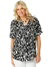 [Fella Hamilton] Miriam Short Sleeve Pintuck Print Shirt in Black/White