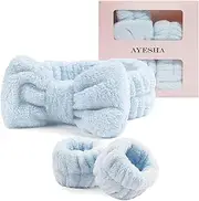 [Ayesha] Blue Spa Headband and Wristband Set for Skincare Makeup Headband Wrist Cuffs for Washing Face Bubble Skincare Hairband for Women Girls (Blue set)