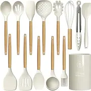 Silicone Cooking Utensils Set - 446°F Heat Resistant Silicone Kitchen Utensils for Cooking,Kitchen Utensil Spatula Set w Wooden Handles and Holder, BPA Free Gadgets for Non-Stick Cookware (Khaki)