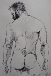 Hand drawn black ink drawing of a male nude in a standing back view pose