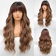 EMMOR Ombre Brown Blonde Highlight Wigs with Bangs, Curly Synthetic Women Wig, Long Heat Resistant Wig for Daily Use, Natural and Comfortable