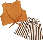 [Blaward] Girls 2 Piece Summer Outfits Set Sleeveless Tie Knot Tank Top Shirt and Paperbag Waist Pocketed Short with Belt