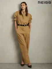 Reiss Camel Mina Lyocell-Cotton Wide-Leg Jumpsuit (AU7241) | $510