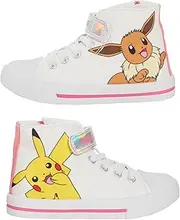 [Pokémon] Girls Pokemon Canvas Hi Top Trainers with Zip Kids Pikachu Eevee Sports Shoes Pumps Pilmsolls, White, 2 UK