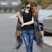 [Generic] Vintage Women Autumn Hooded Cloak Geometric Buckle Tassel Warm Bohemian Casual Poncho One Size