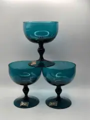 Blefeld S/3 Empoli Italy Teal Blue Crystal Glass Footed Glasses • New/Label •HTF