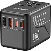 LENCENT Universal Travel Adapter, GaN3 65W International Power Adapter with 2 QC4.0 USB-A+ 2 PD3.0 Type-C PPS Fast Charging, Worldwide European Plug Adaptor for Phone, Laptop, USA/UK/EU/AUS/Bali Black