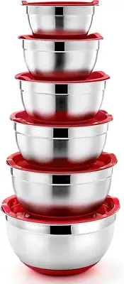Red Mixing Bowls with Lid Set, Stainless Steel Nesting Salad Bowl and Tight Lid