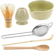 Roczential 5-Pack Matcha Set with Matcha Whisk Stand, Bamboo Matcha Whisk, Bowl with spout, Bamboo Matcha Spoon and Stainless Steel Sieve, Matcha Tea Set(Matcha Color)