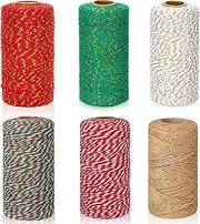 6 Rolls Christmas Twine Gift Wrapping String, 2mm 600M Red Green Cotton String Twine Durable Craft String Bakers Twine Christmas Wrapping Rope Cord for Xmas DIY Crafts Decorations