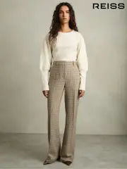 Reiss Brown Check Vida Petite Wool Wide-Leg Houndstooth-Check Trousers (AB9311) | $380