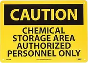 NMC C431RB OSHA Sign, Legend "CAUTION - CHEMICAL STORAGE AREA AUTHORIZED PERSONNEL ONLY", 14" Length x 10" Height, Rigid Plastic, Black on Yellow