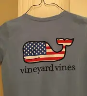 Vineyard Vines Girl's American Flag Whale S/S T-Shirt Hydrangea Blue Small NWT