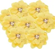 uxcell 3.15 Inch Chiffon Flowers, 10 Pcs Fabric Flowers Rhinestone Pearl Large Camellia Sewing Appliques for DIY Crafts Dresses Clothing Headbands Wedding Party Decoration, Yellow