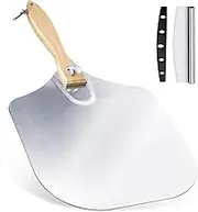 Ninonly Aluminum Pizza Peel 30.5x35.5cm Pizza Paddle with Foldable Wood Handle, Metal Pizza Spatula with Rocker Cutter for Easy Storage&Clean, Pizza Tools for Pizza Oven Baking Pizza Bread Pastry