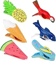 Homiliky 6 Pcs Beach Towel Clips,Beach Towel Pegs,Towel Pegs for Sun Lounger Pool, Flamingo,Parrot,Watermelon,Pineapple Chair Clips Portable Towel Holders Clips,Sunbed Pegs Large Laundry Clothes Pegs