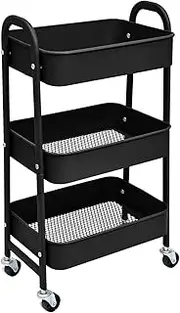 3 Tier Storage Trolley on Wheels, 3 Tier Rolling Cart, Multi-Purpose Storage Shelf Rack for Office Bathroom Kitchen Kids’ Room Laundry Room Black