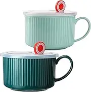 Ysglory 30oz Soup Mugs with Handles and Lids Microwave Safe Soup Bowl Ceramic Soup Cup with Handles Large Ceramic Soup Mug for Oatmeal Soup Noodle Cereal (Blue, Dark Green)